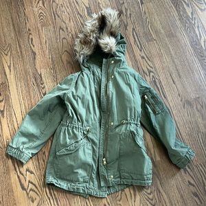 Gap green parka, zip our furry vest, size medium